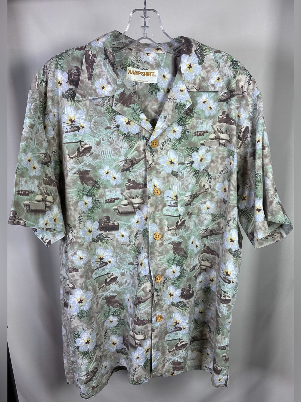 Eagle Crest Kamp Army Helicopter Tank Hawaiian Shirt Mens Short Sleeve